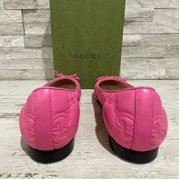 GUCCI Monogram Pink Quilted Matelasse Leather GG Bow Ballet Flats SZ 37.5 $920 - Picture 7 of 16